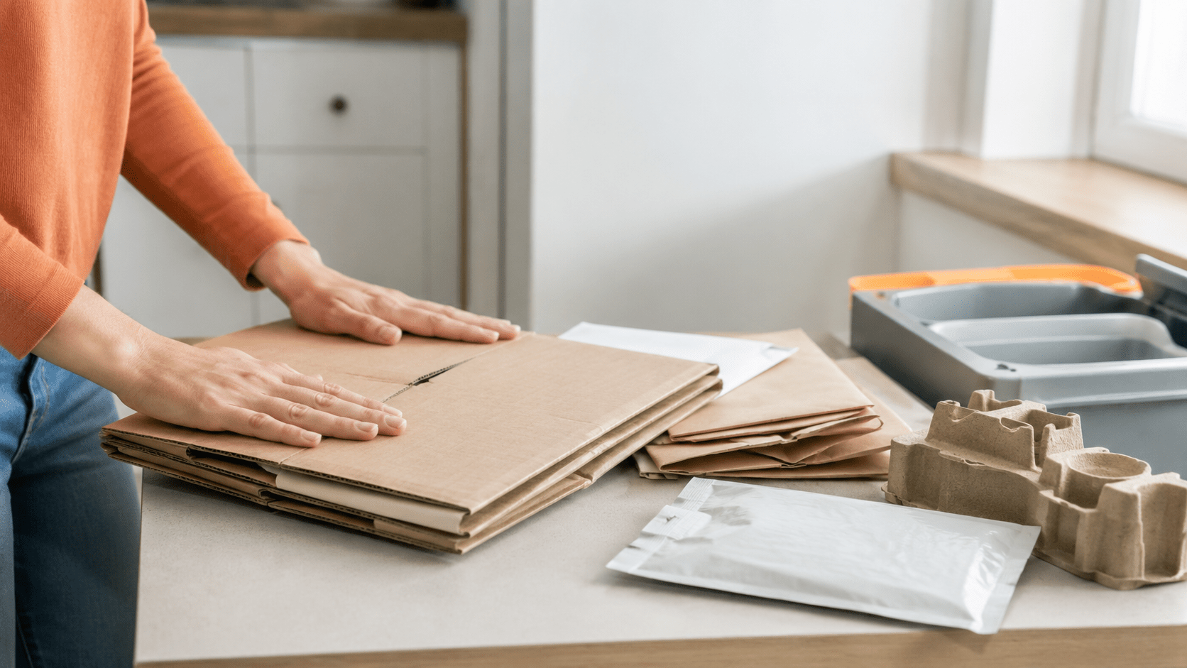 Customer flattening a corrugated box beside sorted paper, fibre and flexible packaging for disposal.